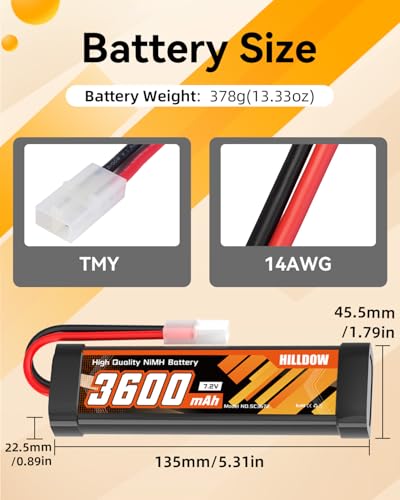 Hilldow 7.2V NiMH RC Battery 3600mAh High Power Car Battery with TMY Connector for RC Car Truck Truggy Hobby Models(2 Packs)
