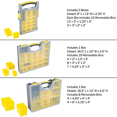 Stalwart Storage Organizer Tool Box Set, Yellow/Black, Set of 4 | Plastic Clear Top Bins for Small Parts, Crafting Supplies, and Hardware Organizers with 3 Sizes of Compartments