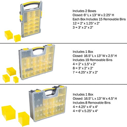 Stalwart Storage Organizer Tool Box Set, Yellow/Black, Set of 4 | Plastic Clear Top Bins for Small Parts, Crafting Supplies, and Hardware Organizers with 3 Sizes of Compartments