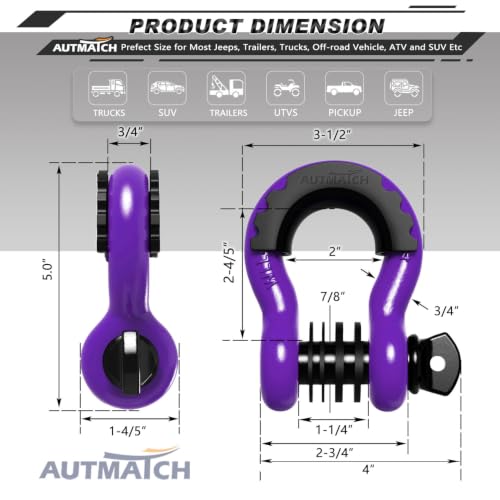 AUTMATCH 3/4" D Ring Shackles (2-Pack) - 41,887 lbs Break Strength | Clevis Shackle with 7/8" Pin & Isolator Washer Kit for Tow Strap, Winch, Towing & Off-Road Vehicle Recovery, Purple - color: Purple & Black