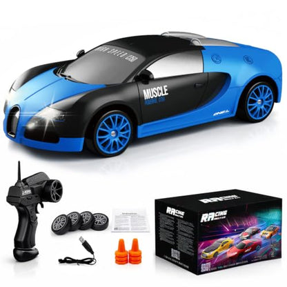Remote Control Car RC Drift Car 2.4GHz 1:24 Scale 4WD 15KM/H High Speed Model Vehicle with LED Lights Drifting Tire Racing Sport Toy Car for Adults Boys Girls Kids Gift - color: H-blue