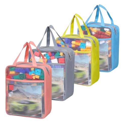 4 Pack Extra Large Mesh Toy Zipper Storage Bags(11.8 * 9.8 * 5.2in),Magnetic Tiles Block Sets Plush Toy Storage Organizer with Pockets, Travel Breathable See Through Colored Pouch with Handle - size: 4PcsXL