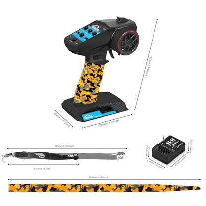 RC Radio System 4CH 2.4G RC Transmitter with Receiver and Lanyard & Sweat Absorbed Non-Slip Band Anti-Jamming Remote Controller for 1/10 1/12 1/14 1/16 1/18 1/24 RC Car Crawler Boat, Blue - color: Blue, W/ Orange Band