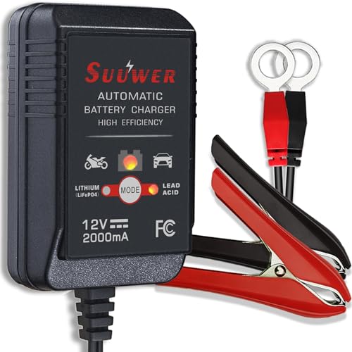 Suuwer Automatic Trickle Battery Charger, 12V 2000mA Battery Maintainer | for Car Motorcycle ATV Boat and More, With 12FT DC Cable