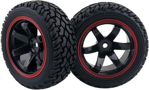 4PCS 75mm Rubber Tires and 6Spokes Plastic Wheel Rims Tyre for 1/10 RC On-Road Drift Racing Car 1:14 1:16 Rally Car for Tamiya Kyosho HPI HSP TT02 Upgrades Parts (Black Red) - color: Black Red