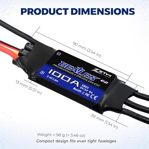 ZTW Beatles G2 100A ESC 2-6S Built-in Switching BEC 5V/6V 8A Brushless Speed Control for RC Airplane Aircraft Fixed-Wing - size: 100A