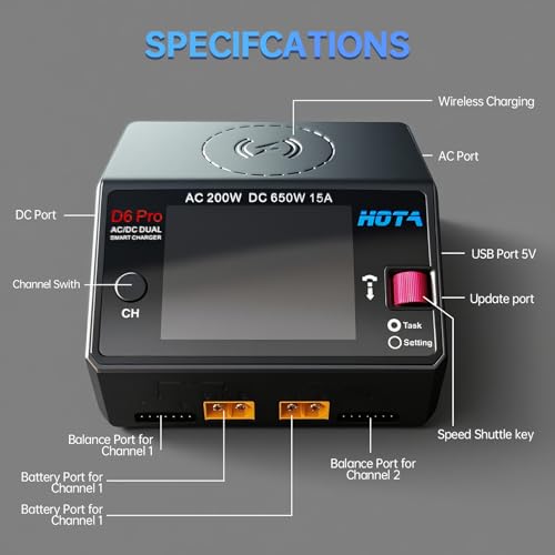 Lipo Battery Charger RC Battery Charger HOTA D6 Pro Smart Charger Dual Channel 15A AC200W with Balance Phone Wireless Charging BoatDC650W for Lipo LiHv Nicd NiMH - color: black