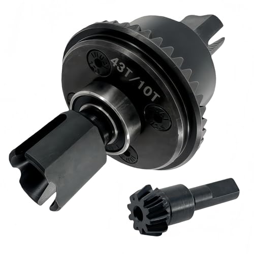 43T Steel Differential Ring Gear & 10T Pinion Gear Upgrade for 1/7–1/8 RC Cars, Hardened Steel Diff Assembly with Reinforced Output Shafts (Black)