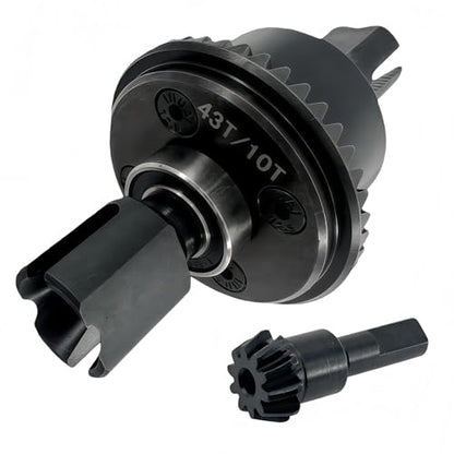 43T Steel Differential Ring Gear & 10T Pinion Gear Upgrade for 1/7–1/8 RC Cars, Hardened Steel Diff Assembly with Reinforced Output Shafts (Black)