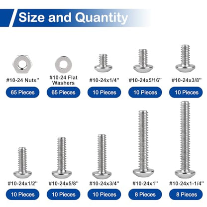 206Pcs #10-24 x 1/4" to 1-1/4" Pan Head Machine Screws Nuts Washers Kit | 304 Stainless Steel, UNC Fully Threaded Phillips Drive, 8 Lengths for Furniture Cabinet, Electrical Appliances Repair - size: #10-24