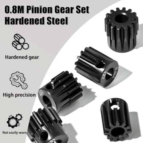 5Pcs 0.8M Hardened Steel Pinion Gear Set 5mm Shaft 11T 12T 13T 14T 15T Motor Pinion Gear with M4 Screw and Hex Key, for Arrma HPI Kyosho Losi Axial Traxxas Tamiya 1/10 RC Car and 540/550 Motors - size: 0.8M-5mm-11-15T