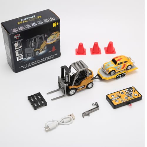 1/64 RC Forklift with Trailer, 2.4G Alloy Remote Control Forklift for Adults, Mini Forklift Truck with Cargo Hook/Forks/Pallet, RC Engineering Vehicle, Gift Collectibles - style: 1/64 RC Forklift, Yellow