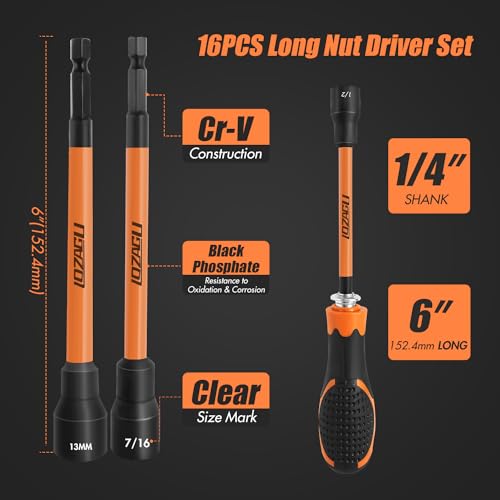 33PCS Magnetic Nut Driver Set with Long Handle | 6 Inch Long Nut Driver Set | SAE and Metric | 1/4 Inch Hex Shank | Cr-V Steel