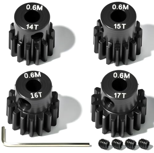 4Pcs 0.6M Hardened Steel Pinion Gear Set 3.175mm 14T 15T 16T 17T Motor Pinion Gear with M4 Screw and Hex Key, Fit 3.175mm (1/8-Inch) Shaft, for Arrma HPI Kyosho Losi Axial Traxxas Tamiya 1/10 RC Car - size: 0.6M-P-3.175mm-14-17T