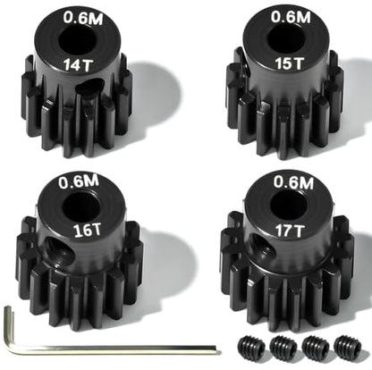 4Pcs 0.6M Hardened Steel Pinion Gear Set 3.175mm 14T 15T 16T 17T Motor Pinion Gear with M4 Screw and Hex Key, Fit 3.175mm (1/8-Inch) Shaft, for Arrma HPI Kyosho Losi Axial Traxxas Tamiya 1/10 RC Car - size: 0.6M-P-3.175mm-14-17T