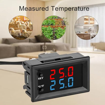 1PCS Digital Thermostat Controller -58F to 230F Programmable Heating Cooling Switch 12V DC with Waterproof NTC Sensor Dual Color LED Display for HVAC Aquarium