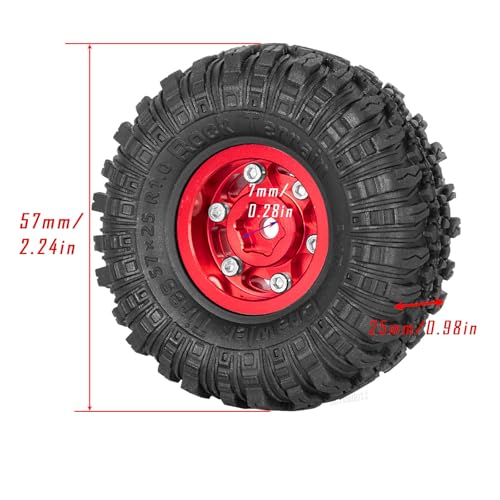 RC 1.0 Beadlock Wheel Tires Set Aluminium Alloy Wheel Tires&Wheels Rims for 1/24 1/18 SCX24 Trx4m RC Crawler Car,RC Wheels and Tires,4PCS（Red - color: Red - (Rc Wheels Tires)
