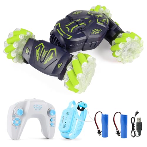 GoolRC Remote Control Car, Gesture Sensing RC Stunt Car with Spray & Lights & Music for Teens, 2.4GHz 4WD RC Cars with 360° Rotating, 3 Control Mode Toy Vehicle for Adults, 2 Battery (Green)