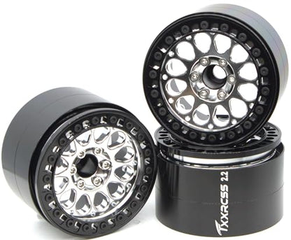 RC 2.2 Aluminum Alloy Beadlock Wheels and Tires Upgrades Accessories Rims for 1/10 SCX10 TRX4RC4WD and D90 RC Crawler Axial Remote Control Car (4pc) (Black Silver) - color: Black Silver