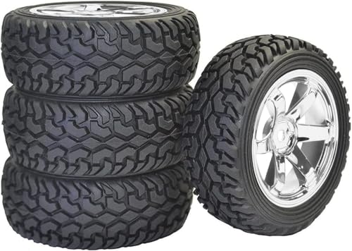 4PCS 75mm Rubber Tires and 6Spokes Plastic Wheel Rims Tyre for 1/10 RC On-Road Drift Racing Car 1:14 1:16 Rally Car for Tamiya Kyosho HPI HSP TT02 Upgrades Parts (Silver) - color: Silver