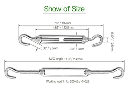 6PCS M8 Hook & Hook Turnbuckle 304 Stainless Steel Turnbuckle Wire Rope Tension Heavy Duty Turnbuckles for Cable Railing Wire Rope Hardware Kit (M8, Hook & Hook) - style: Hook & Hook-M-8