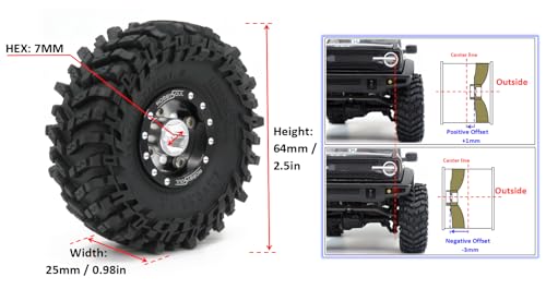 RC 1.0 tires Soft Sticky Tyres 64mm tall Mounted Heavy 1.0 beadlock wheels Deep Dish Offset Black Silver Rims For RC Mini Mud Crawler 1/18 TRX4M 1/24 SCX24 FMS24 FCX24 - color: Black & Silver