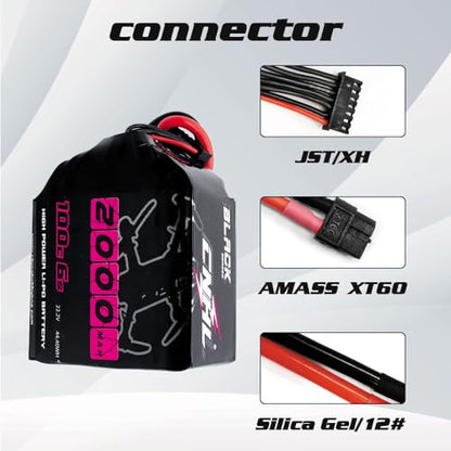 CNHL 2000mAh 6S Lipo Battery 22.2V 100C with XT60 Connector (2 Pack) | Provides reliable power delivery and extended flight runtime for 5-6 inch FPV drones, aerobatic planes, and RC cars.