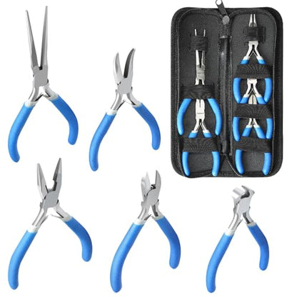 LIFEGOO 5 Pieces Mini Pliers Set – Durable Precision Tool Kit for Crafts, Jewelry & DIY, Includes Long Needle Nose, Bent Nose, Diagonal, End Cutting, Nipper (Blue) - color: Blue