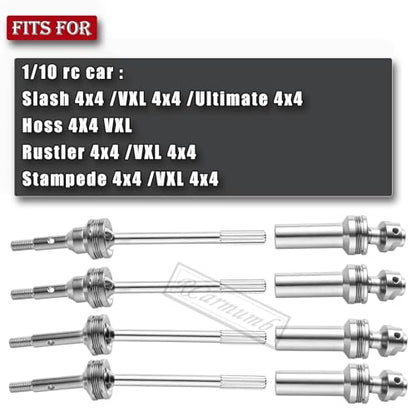 Upgrades Part Drive Shaft CVD for 1/10 Slash 4X4/Stampede 4X4/Rustler 4X4/Hoss 4X4 RC 4WD,4PCS Front Rear Stainless Steel CVD #45 Axle with Red Hex,Silver - style: Silver w/Red (for 4wd)