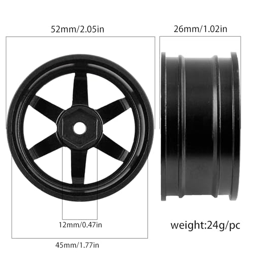REDSPIDER • Aluminum 1/10 RC Drift Wheels 12mm Hex for 1:10 Rally Racing Car Tires Tamiya TT01 TT02 XV01 TA06 A959 PTG2 HPI KYOSHO HSP PTG2 Touring Street Tyres 4pcs (Black) - color: Black
