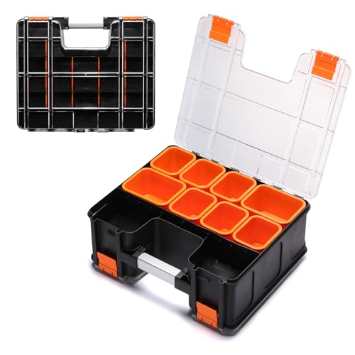 Double Side Tool Box, Multi-Function Storage Toolbox Organizer, 8 Movable Small Trays & Removable Dividers, Transparent Cover Plate, Toolbox For Hobby & Craft Use (15.16"L*12.8"W*6.3"H)
