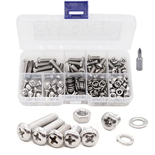 cSeao 220pcs M5 6mm / 8mm/ 10mm/ 12mm/ 16mm/ 20mm Pan Head Machine Screws Washers Hex Nuts Assortment Kit, Phillips Drive, 304 Stainless Steel - size: M5