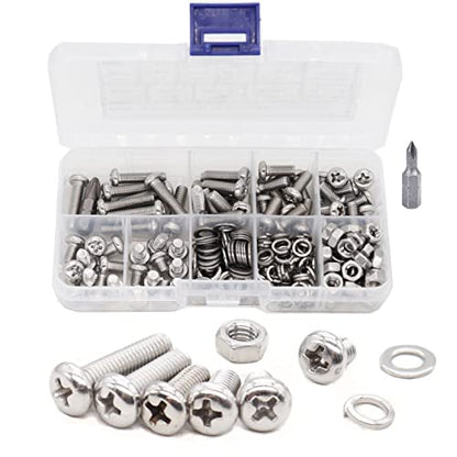 cSeao 220pcs M5 6mm / 8mm/ 10mm/ 12mm/ 16mm/ 20mm Pan Head Machine Screws Washers Hex Nuts Assortment Kit, Phillips Drive, 304 Stainless Steel - size: M5