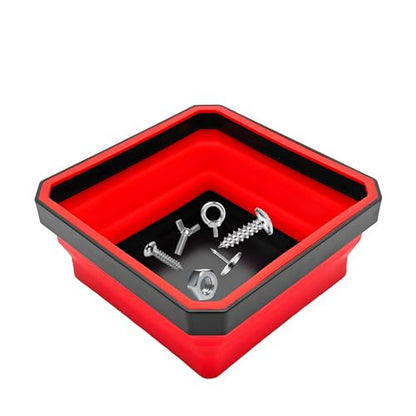 Collapsible Magnetic Parts Tray, 4.5" Square Silicone Metal Parts Organizer Double-Sided Magnet Bowl, Foldable Magnetic Tool Trays for Screws Bolts Nuts Washers Pins (Red) - color: Red