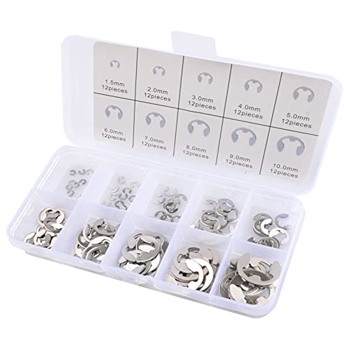 E Clips Assortment Kit 120PC External Retaining Rings Set (M1.5-M10), 10 Sizes Snap Rings Assortment Kit, 304 Stainless Steel Retaining Rings Collection for Shaft Maintenance - size: 120PCS