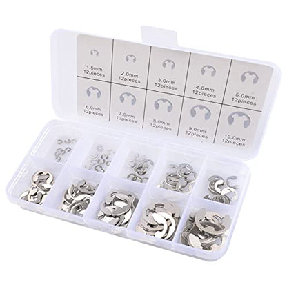 E Clips Assortment Kit 120PC External Retaining Rings Set (M1.5-M10), 10 Sizes Snap Rings Assortment Kit, 304 Stainless Steel Retaining Rings Collection for Shaft Maintenance - size: 120PCS