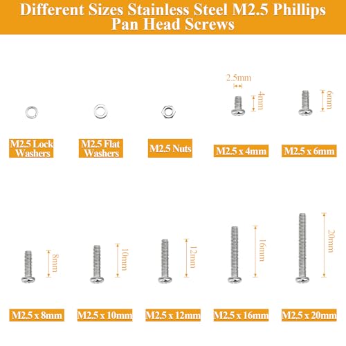 705 Pieces M2.5 Machine Screws Nuts Washers Set, Sutemribor M2.5 x 4/6/8/10/12/16/20mm Phillips Pan Head Machine Screws Nuts Washers Assortment Kit, 304 Stainless Steel, Fully Threaded - size: M2.5 Screws Kit, style: Phillips Pan Head