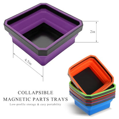 Collapsible Magnetic Parts Tray, 4.5" Square Silicone Tool Tray with Dual-Sided Magnetic Base, Foldable Small Metal Parts Organizer Storage Bowl for Screws Bolts Nuts Washers (Purple) - color: Purple