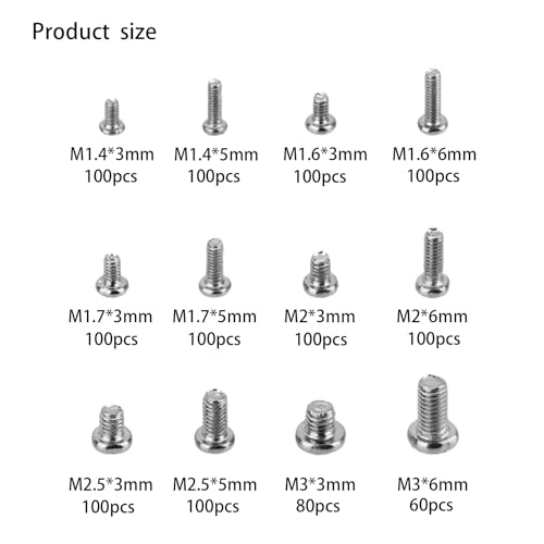 1140 Pcs Tiny Screws for Electronics, M1.4 M1.6 M1.7 M2 M2.5 M3 Round Head Mini Screws, Replacement Computer, Small Machine Assortment Kit (1140)