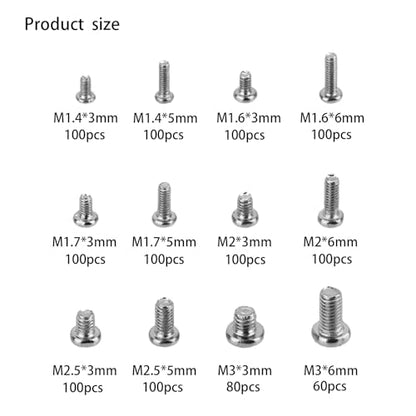 1140 Pcs Tiny Screws for Electronics, M1.4 M1.6 M1.7 M2 M2.5 M3 Round Head Mini Screws, Replacement Computer, Small Machine Assortment Kit (1140)