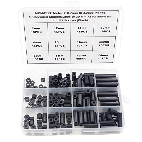 Metric OD 7mm ID 3.2mm Plastic Unthreaded Spacers(2mm to 30 mm) Assortment Kit for M3 Screws;Clearance Spacers;Round Spacers(Black) - size: OD 7mm ID 3.2mm
