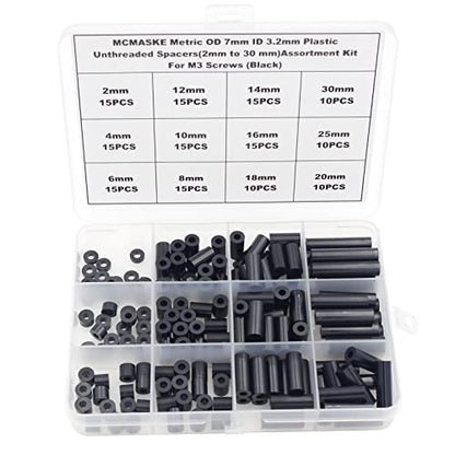 Metric OD 7mm ID 3.2mm Plastic Unthreaded Spacers(2mm to 30 mm) Assortment Kit for M3 Screws;Clearance Spacers;Round Spacers(Black) - size: OD 7mm ID 3.2mm