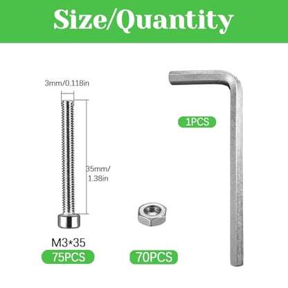 140 Pcs M3 x 35mm Socket Head Cap Screws Metric, Allen Socket Drive, 304 Stainless Steel, Full Thread, Bright Finish, Machine Thread - size: M3 x 35-140Pcs-Silver