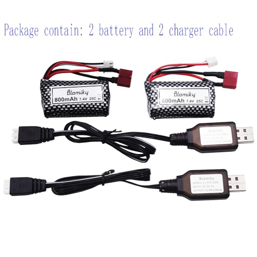 Blomiky 2 Pack 7.4V 800mAh 2S Li-ion 15C Battery with T Plug and USB Cable Compatible with BEZGAR 5 HM162 HM161 and 9145 1:20 Remote Control Truck RC Cars HBX X03 RC Boat / 9135 Pro Battery T 2
