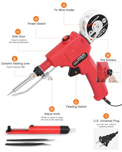 Soldering Iron Kit 6 in 1, 60W 110V Professional Automatic Soldering Gun, Handheld Solder Gun Kit with Desoldering Pump, Tweezers, for Electrician Circuit Board Repair - color: Red