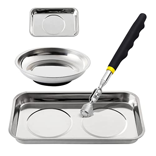 3 Pieces Magnetic Trays with 8LBs Telescoping Magnetic Pick-up Tool Set, 9.5" and 3.7" Rectangle, 6" Round Bowl Stainless Steel Magnet Parts Tray for Screws, Mechanic's - size: 9.5" 3.7" 6"+8LB Pickup