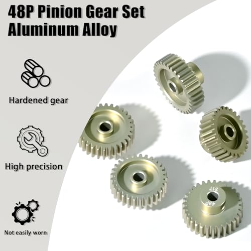 5Pcs 48P Aluminum Alloy Pinion Gear Set 3.175mm 28T 29T 30T 31T 32T Motor Pinion Gear W/ M4 Screw and Hex Key, Fit 3.175mm (1/8-Inch) Shaft, for Arrma HPI Kyosho Losi Axial Traxxas Tamiya 1/10 RC Car - size: 48P-P-3.175mm-28-32T
