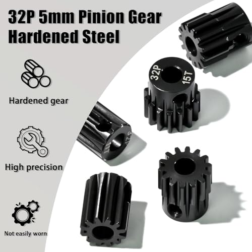 5Pcs 32P Hardened Steel Pinion Gear Set 5mm Shaft 11T 12T 13T 14T 15T Motor Pinion Gear with M4 Screw and Hex Key, for Arrma HPI Kyosho Losi Axial Traxxas Tamiya 1/10 RC Car and 540/550 Motors - size: 32P-HSP-5mm-11-15T