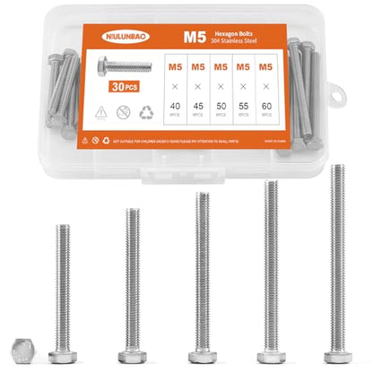 M5 x 40mm 45mm 50mm 55mm 60mm Heavy Duty Hexagon Bolts Hex Head Screws, 304 Stainless Steel, Metric Fully Thread, Machine, Bright Finish, Assortment Kit 30PCS - size: M5 x 40/45/50/55/60mm (30PCS)