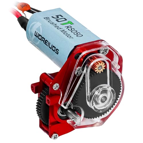 050 50T Brushed Motor with Transparent Acrylic Aluminum Alloy Transmission Gearbox for 1/24 RC Crawler SCX24 AX24 Upgrade(Red) - color: Red&Black